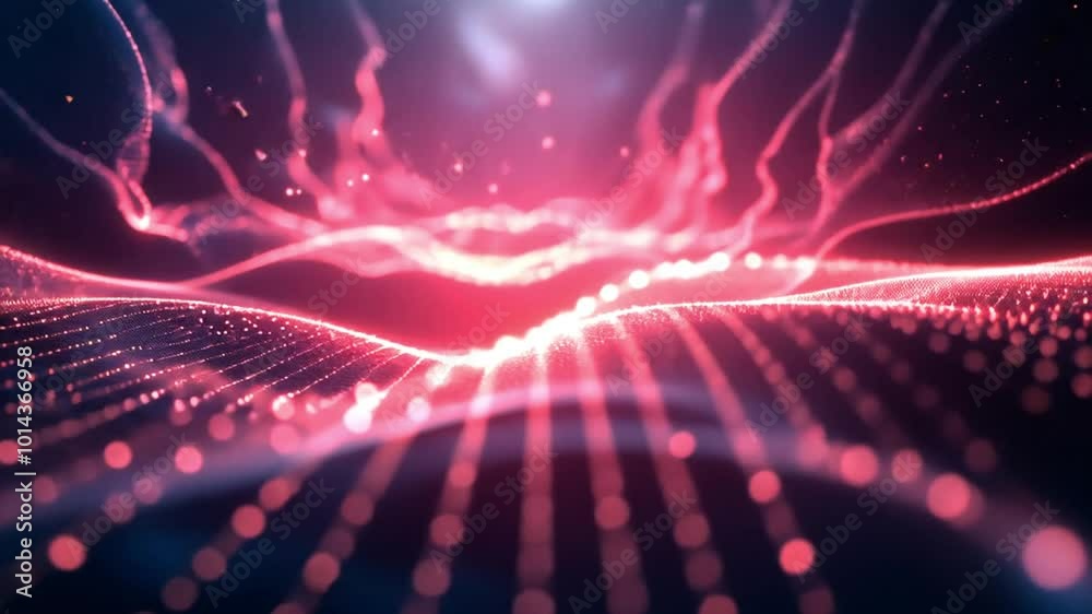 Abstract glowing red and pink neon grid pulsing with light waves in a futuristic sci-fi environment