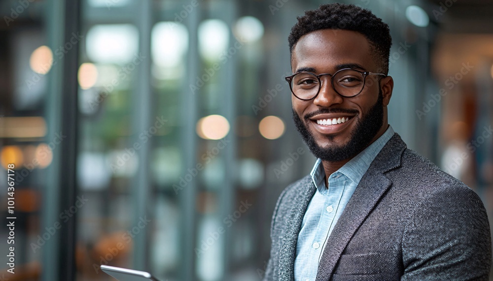 Successful Business Professional Reviewing Financial Data on Tablet in Vibrant Office Environment Successful Business Professional Reviewing Financial Data on Tablet in Vibrant Office Environment