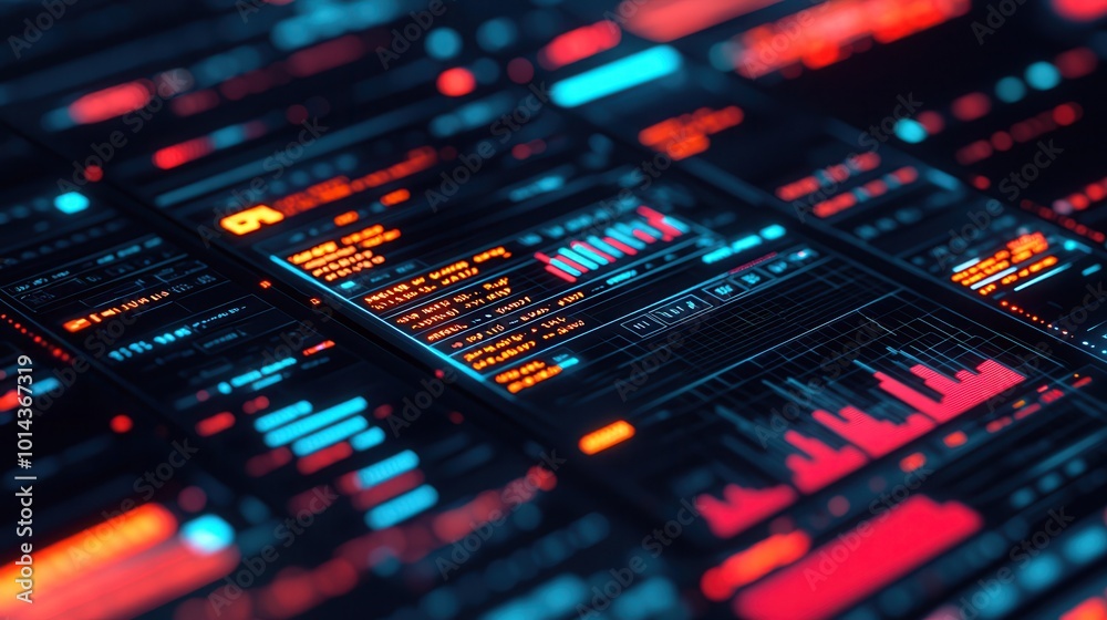 A visually striking digital interface filled with vibrant data visualizations and glowing elements, showcasing information in an abstract, technological style. A visually striking digital interface filled with vibrant data visualizations and glowing elements, showcasing information in an abstract, technological style.