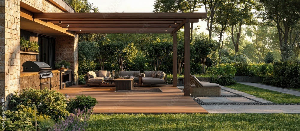 Opulent outdoor setting with a teak deck, pergola, and BBQ grill in a garden. Opulent outdoor setting with a teak deck, pergola, and BBQ grill in a garden.