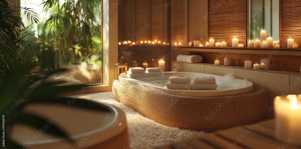 Fototapeta premium Relaxing bathtub with candles and towels.