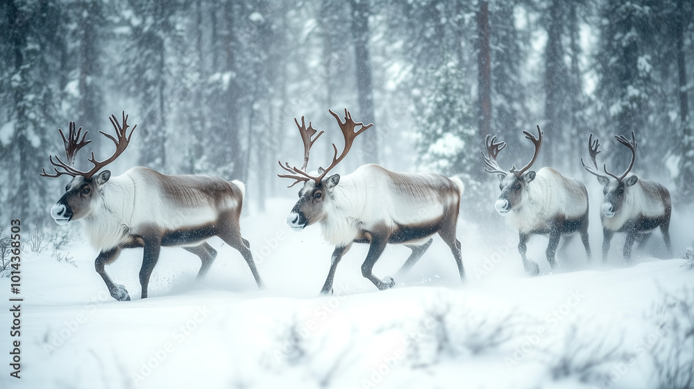 Reindeer herd galloping through a snowy forest during a snowstorm, their antlers standing tall against the backdrop of a peaceful winter wonderland. Image made using Generative AI. Reindeer herd galloping through a snowy forest during a snowstorm, their antlers standing tall against the backdrop of a peaceful winter wonderland. Image made using Generative AI.