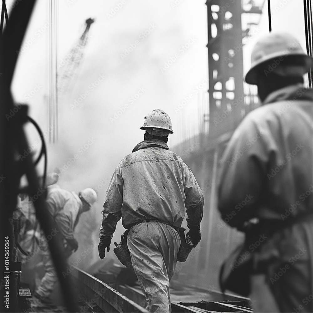 black and white photo of construction job site close up of workers in full ppe black and white photo of construction job site close up of workers in full ppe