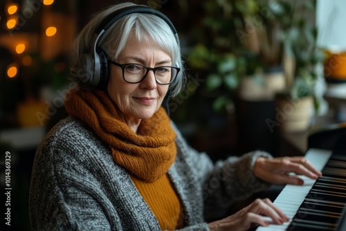 Portrait of inspired senior woman playing piano at home and wearing headphones while composing music, Generative AI photo