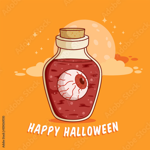 eye in jar for halloween celebration. cute witch potion with eye ball in bottle illustration