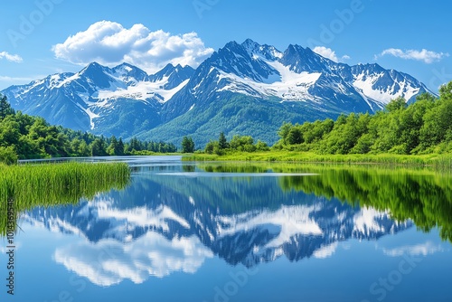 Scenic view of a mountain range reflected in a still lake.