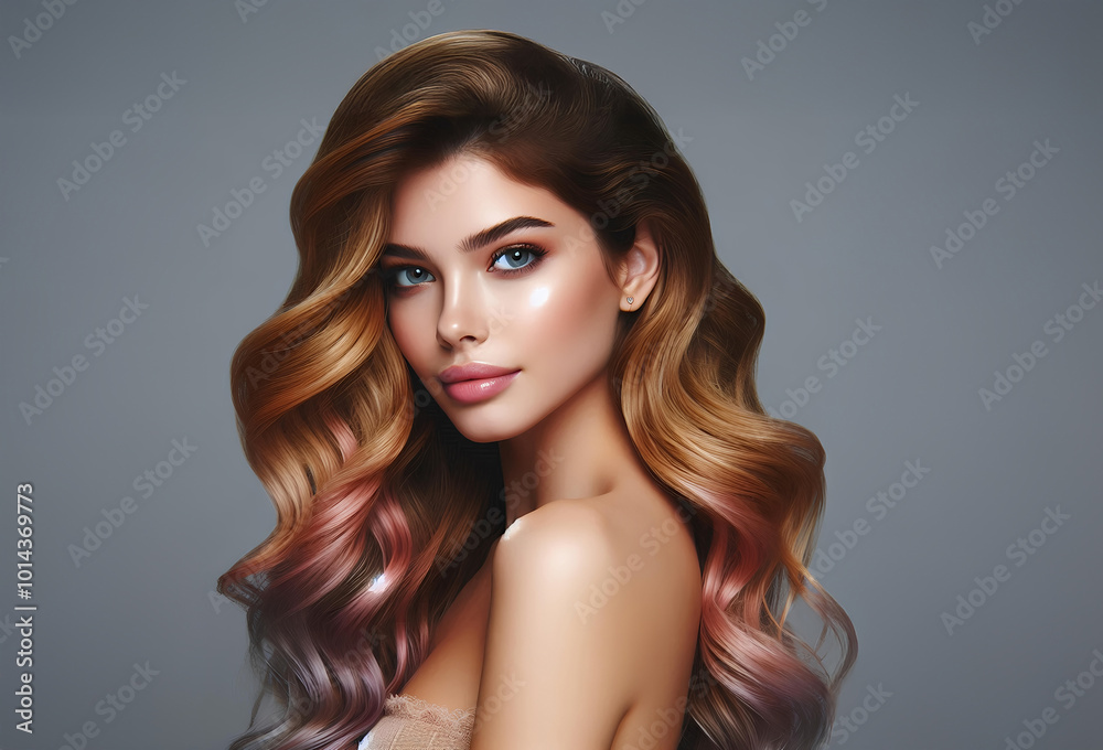 Long brown hair with pink highlights shows off texture and shine. Long brown hair with pink highlights shows off texture and shine.
