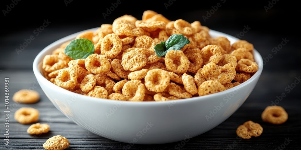 A white bowl filled with crispy, golden-brown cereal rings, adorned with fresh green mint leaves, sits on a rustic wooden surface A white bowl filled with crispy, golden-brown cereal rings, adorned with fresh green mint leaves, sits on a rustic wooden surface