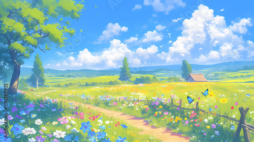 Anime-style summer meadow landscape wildflowers in various colors, butterflies fluttering. Blue sky with fluffy white clouds.