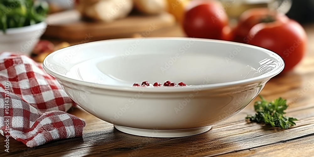 A white ceramic bowl sits on a rustic wooden surface, adorned with a few red berries, while a red and white checkered dishcloth rests nearby A white ceramic bowl sits on a rustic wooden surface, adorned with a few red berries, while a red and white checkered dishcloth rests nearby
