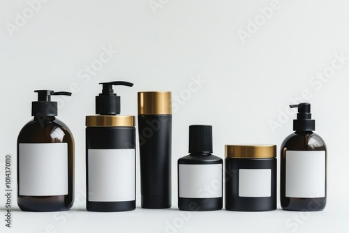 minimalist set of cosmetic bottles and jars with white label mockup on light background