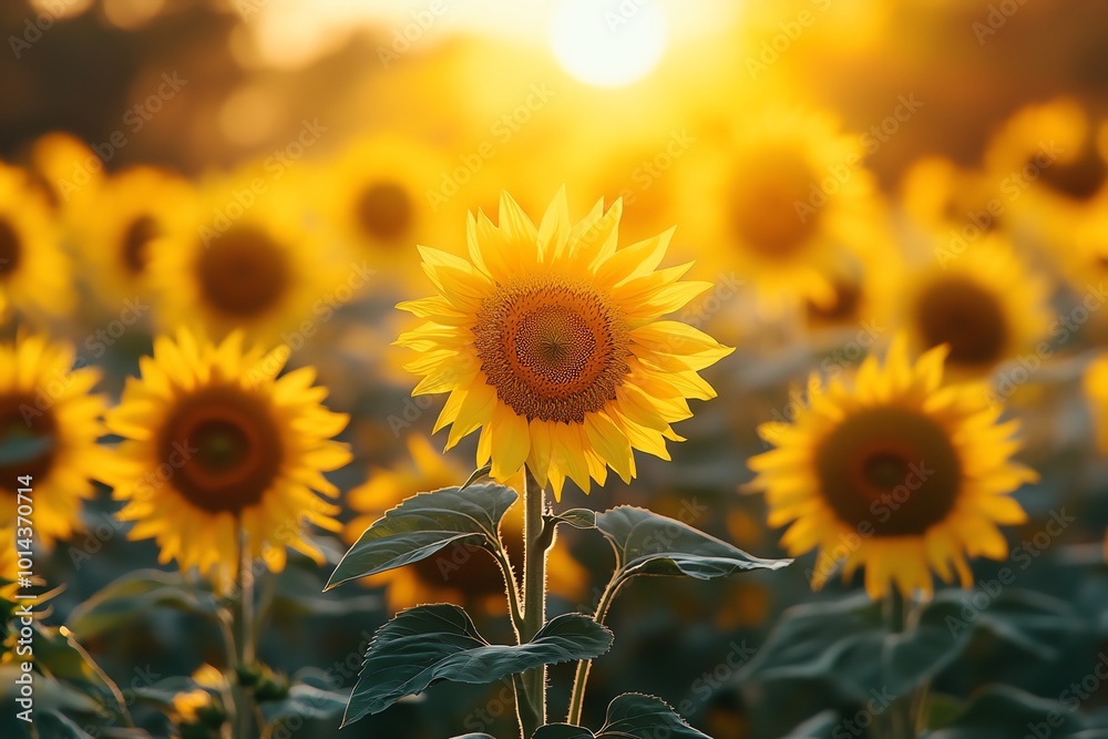 Obraz premium Single sunflower in a field at sunset.