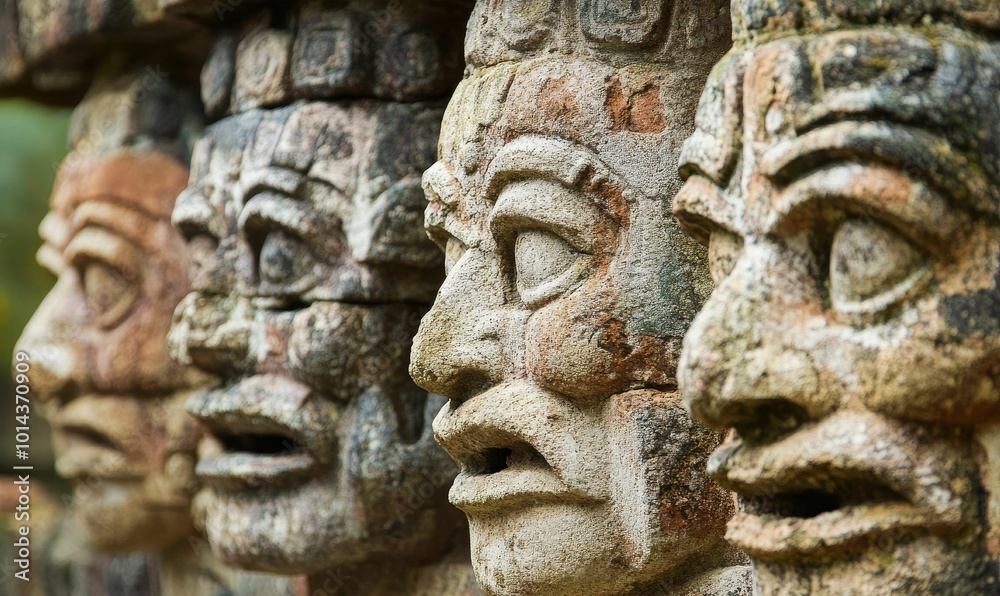 Stone carvings of faces with open mouths. Stone carvings of faces with open mouths.