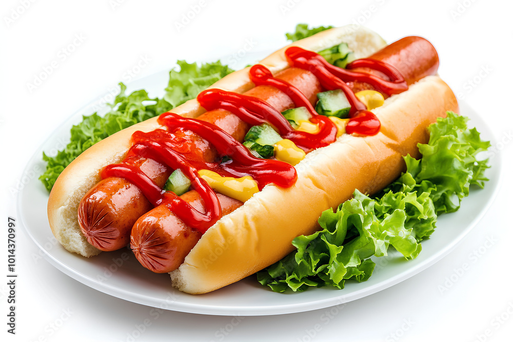 Delicious hot dog with ketchup and mustard, isolated on white background Delicious hot dog with ketchup and mustard, isolated on white background