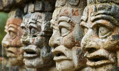 Stone carvings of faces with open mouths.