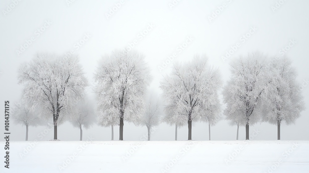 Snow covered trees in a foggy winter landscape. Snow covered trees in a foggy winter landscape.