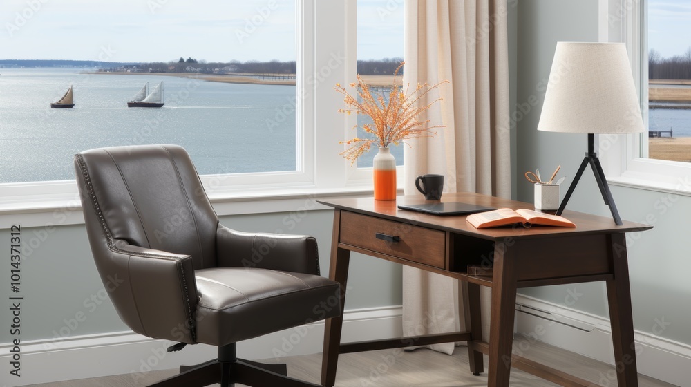 Stylish chair with wood and leather accents framed by ocean views through panoramic windows Stylish chair with wood and leather accents framed by ocean views through panoramic windows