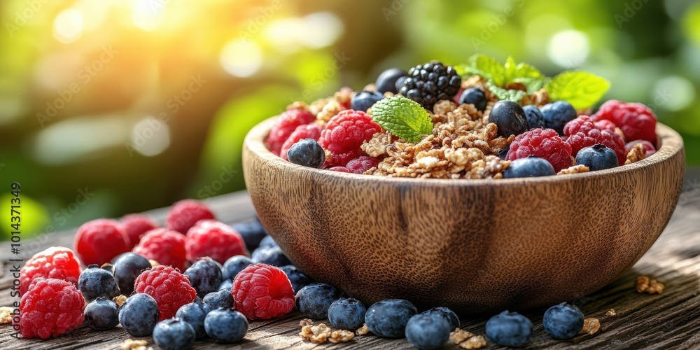 A wooden bowl filled with a delightful mix of fresh raspberries, blueberries, and crunchy granola, bathed in the warm glow of the morning sun A wooden bowl filled with a delightful mix of fresh raspberries, blueberries, and crunchy granola, bathed in the warm glow of the morning sun
