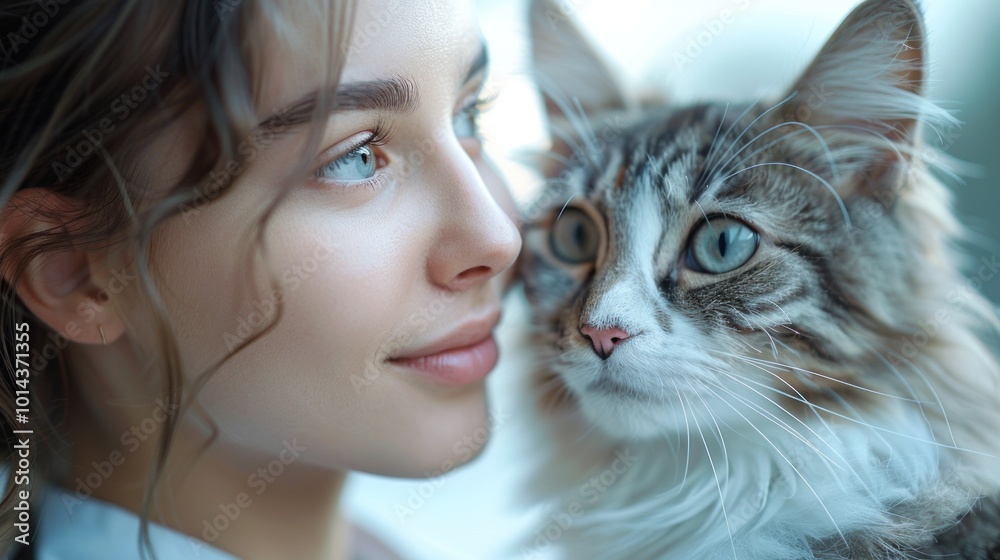 A young woman gazes affectionately at her fluffy cat beside a sunny window in a cozy indoor setting. Generative AI A young woman gazes affectionately at her fluffy cat beside a sunny window in a cozy indoor setting. Generative AI
