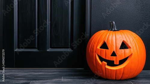 Smiling Halloween pumpkin by black door photo