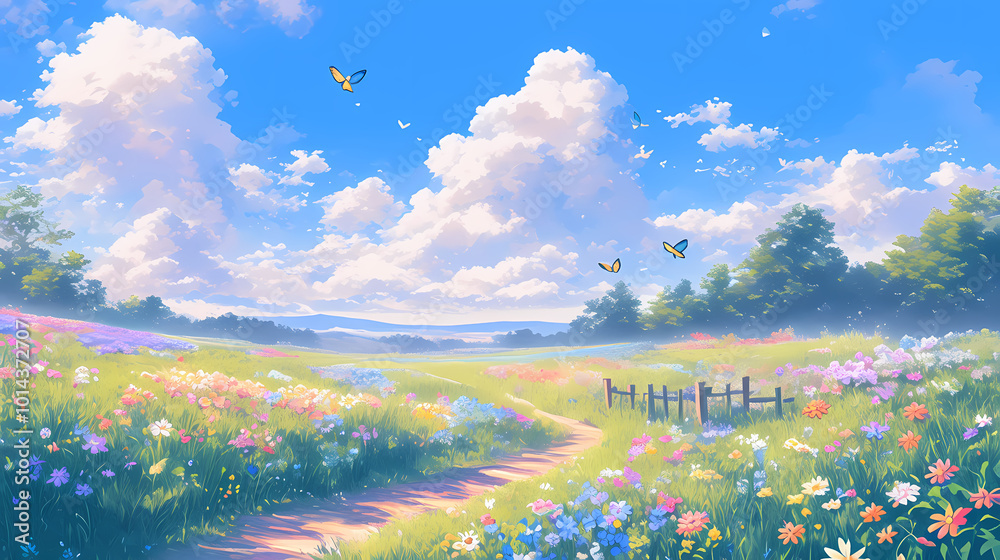 Anime-style summer meadow landscape wildflowers in various colors, butterflies fluttering. Blue sky with fluffy white clouds.