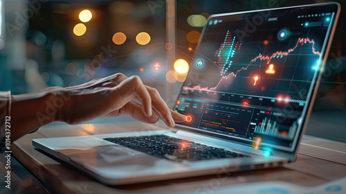 Close up of hands working on a laptop with a stock market chart on screen.