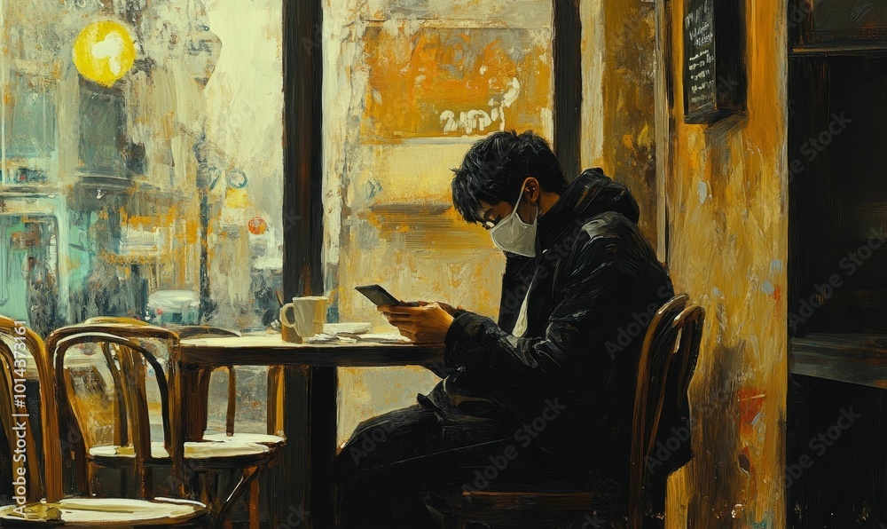 Masked man sits in cafe, looking at phone. Masked man sits in cafe, looking at phone.