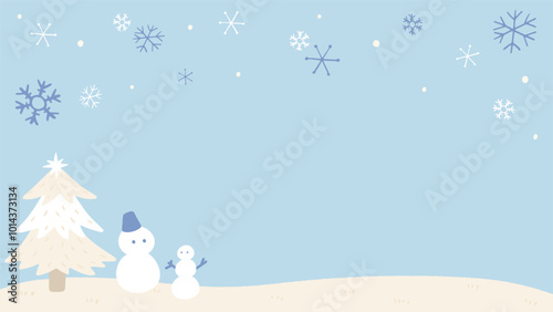 Winter landscape background with falling snowflakes, snowman and fir trees, cute hand drawn illustration / 雪の結晶が降る冬の風景の背景、雪だるまとモミの木、かわいい手描きのイラスト