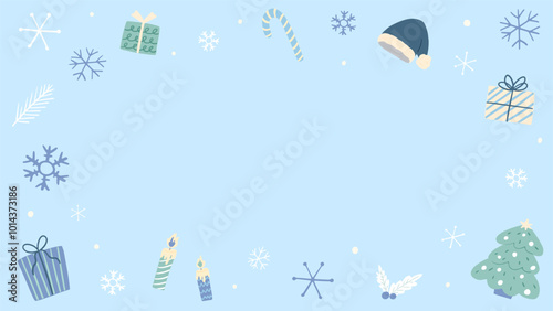 Christmas and winter themed light blue background, cute hand drawn illustration / クリスマスと冬をイメージした水色の背景、かわいい手描きのイラスト