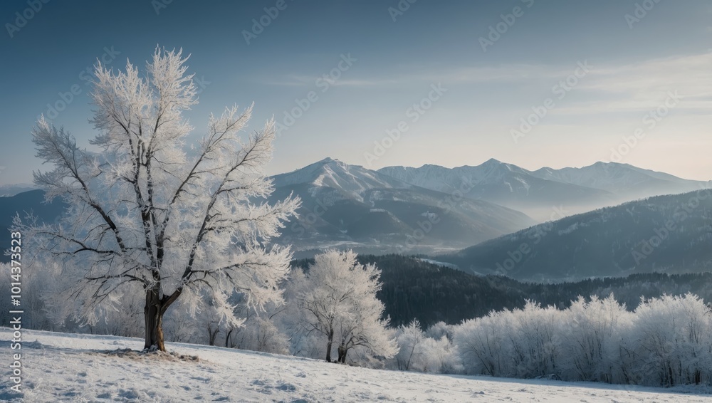 Snow and ice-covered trees under freezing temperatures in a serene winter landscape. Snow and ice-covered trees under freezing temperatures in a serene winter landscape.
