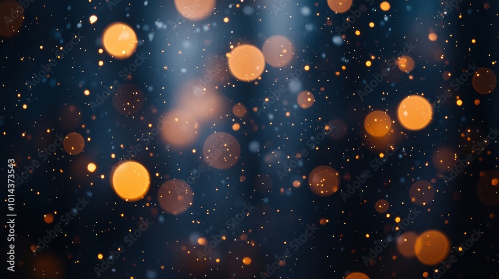 Abstract Background of Defocused Golden Lights and Dust Particles on a Dark Blue Surface Abstract Background of Defocused Golden Lights and Dust Particles on a Dark Blue Surface