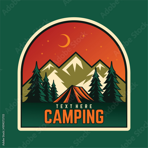 Forest camping adventure vector design, camping tent, campfire, pine tree, mountain outdoor