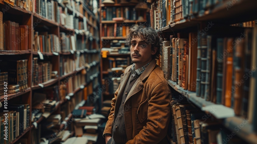 A contemplative young man peruses a historic library filled with towering shelves of antique books. Generative AI A contemplative young man peruses a historic library filled with towering shelves of antique books. Generative AI