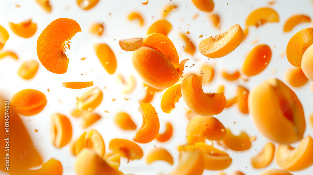 Apricot slices float in the air on a white background. Apricot mix. The concept of abundance and freshness. A delicious natural snack. An organic product