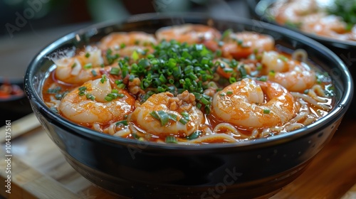 Delicious shrimp noodle bowl garnished with fresh herbs served in a cozy restaurant during lunchtime. Generative AI