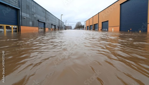 Raging flood waters flowing through an industrial area, factories and warehouses partially submerged,  Industrial flooding, Economic impact of disasters