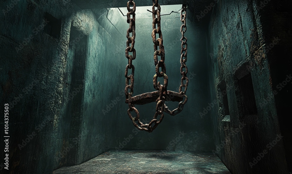 Rusty chains hang in dark, stone cell. Rusty chains hang in dark, stone cell.