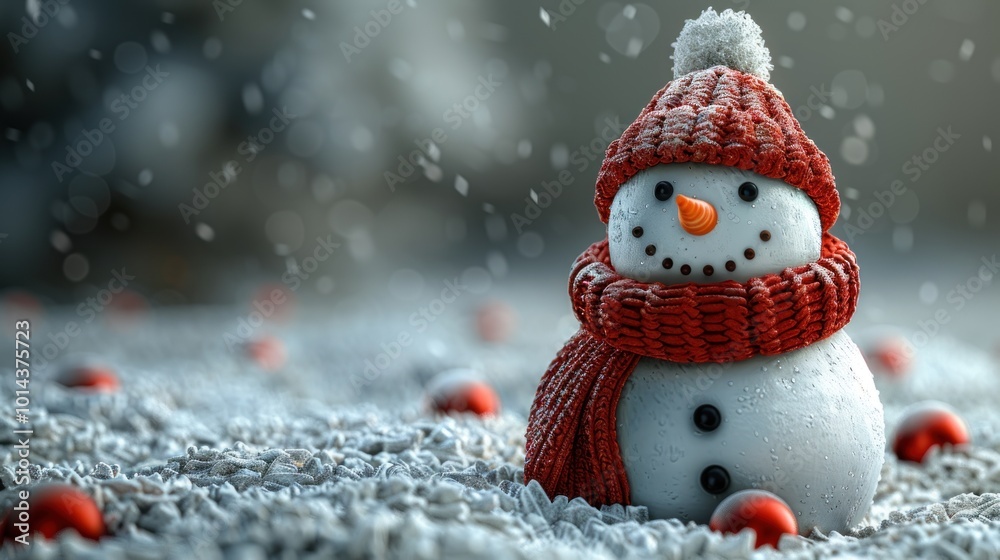 Fototapeta premium A charming snowman dressed in a red scarf and hat stands proudly on a snow-covered ground during winter. Generative AI