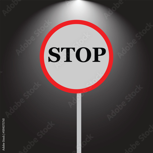  Stop Sign With Circular Red Banner Isolated On White And Black Background.