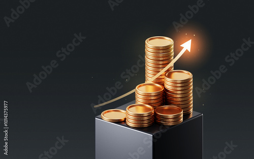 Growth money business increase finance profit on 3d investment background with coin stock wealth arrow graph. Financial economy concept rise gold strategy cash currency. Success market economic budget photo