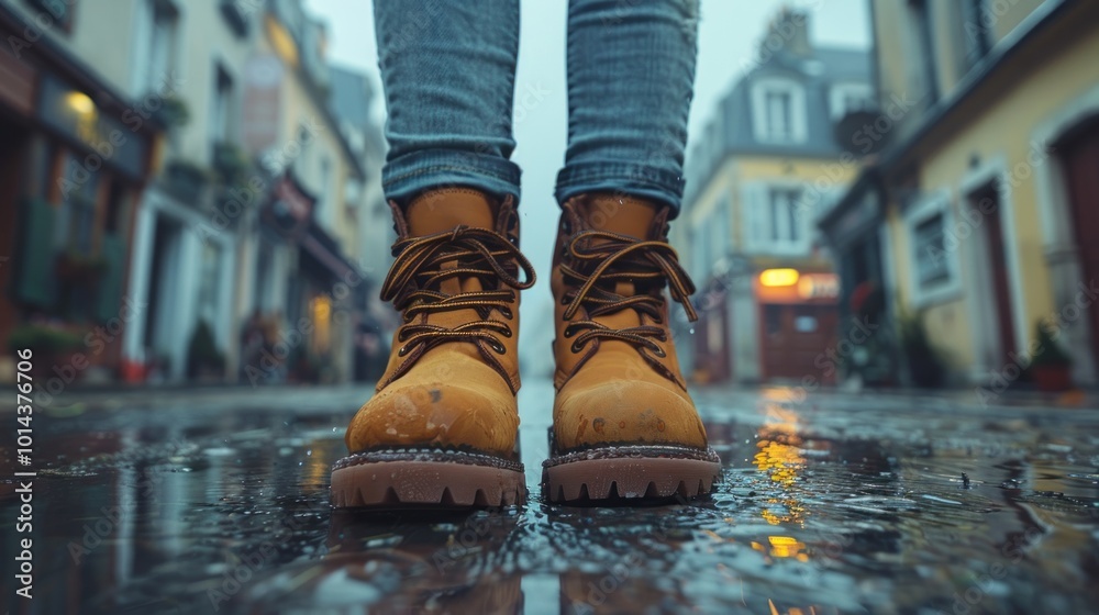 Exploring a rainy street in cozy boots, reflecting on puddles in a charming neighborhood. Generative AI Exploring a rainy street in cozy boots, reflecting on puddles in a charming neighborhood. Generative AI