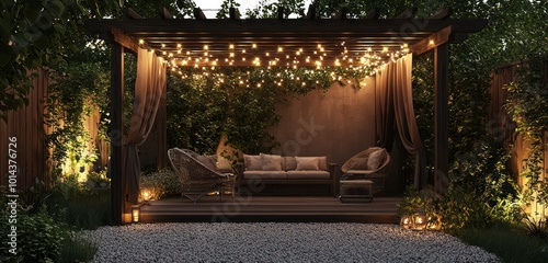 Night garden pergola scene with basic furniture, gravel, and decorative string lights.
