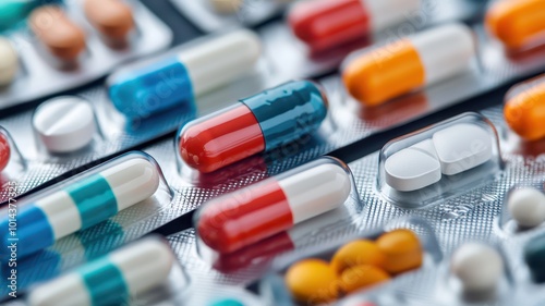 A close-up view of various colorful pills and capsules arranged in blister packs, showcasing different shapes and designs.