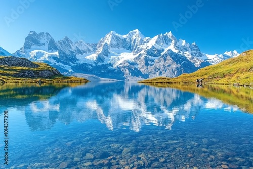 Stunning reflection of snow-capped mountain peaks in a crystal clear alpine lake.