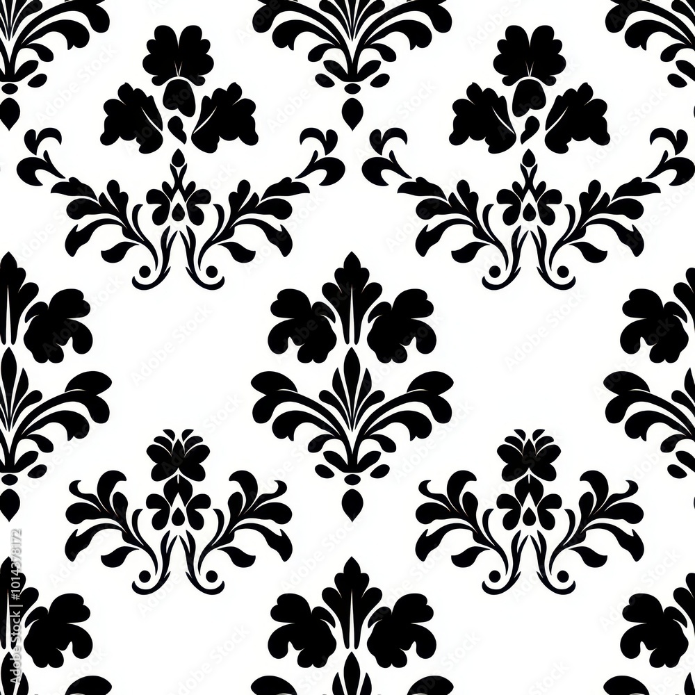 A black and white damask pattern featuring intricate, floral designs, perfect for elegant decor and textiles. A black and white damask pattern featuring intricate, floral designs, perfect for elegant decor and textiles.
