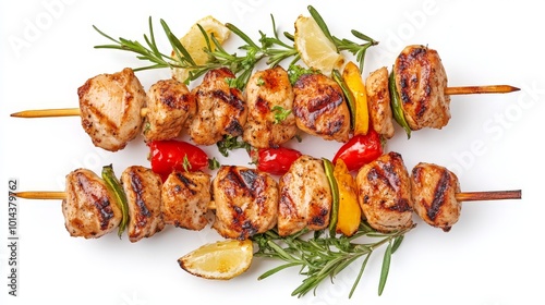 tast grilled round chicken skewer with vagetable on wooden sticks isolated on white background top view generative ai