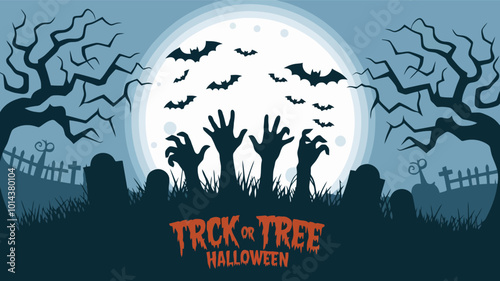 Graveyard scene with zombie hands rising and bats flying.