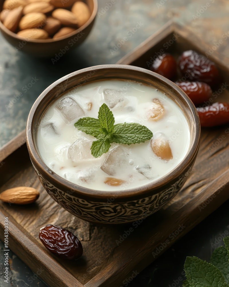 A bowl of yogurt with ice, nuts, and dates, garnished with mint leaves. A bowl of yogurt with ice, nuts, and dates, garnished with mint leaves.