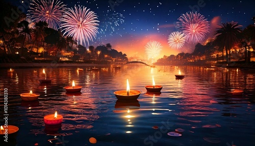 A serene illustration of floating diyas on the river with reflections of fireworks illuminating the water during Diwali night. photo