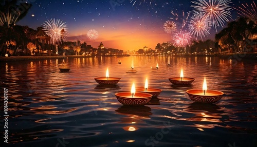 A serene illustration of floating diyas on the river with reflections of fireworks illuminating the water during Diwali night. photo